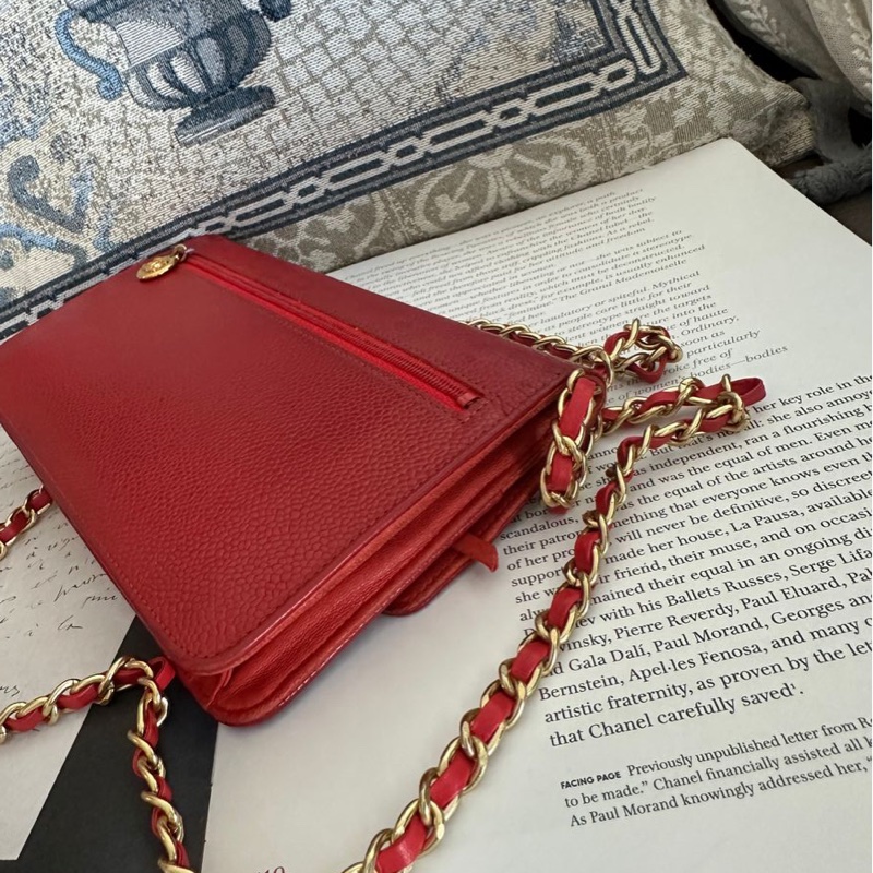 香奈兒 紅色 皮革 荔枝皮 魚子醬皮 牛皮 發財包 斜挎包 斜背包 鏈條包 信封包 銀包 錢包 woc wallet on chain chanel-17