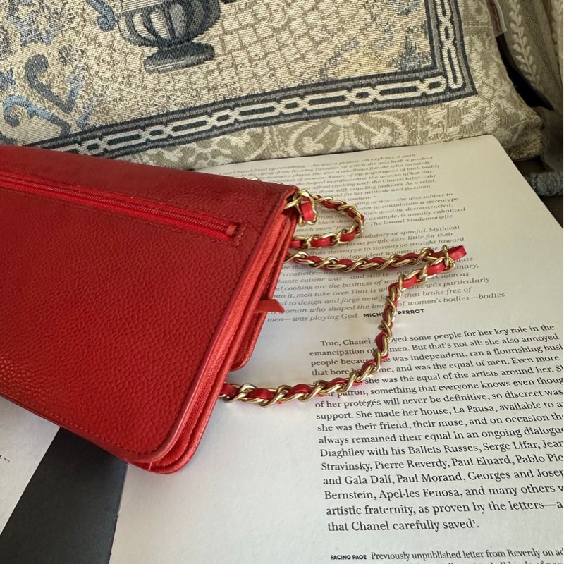 香奈兒 紅色 皮革 荔枝皮 魚子醬皮 牛皮 發財包 斜挎包 斜背包 鏈條包 信封包 銀包 錢包 woc wallet on chain chanel-18
