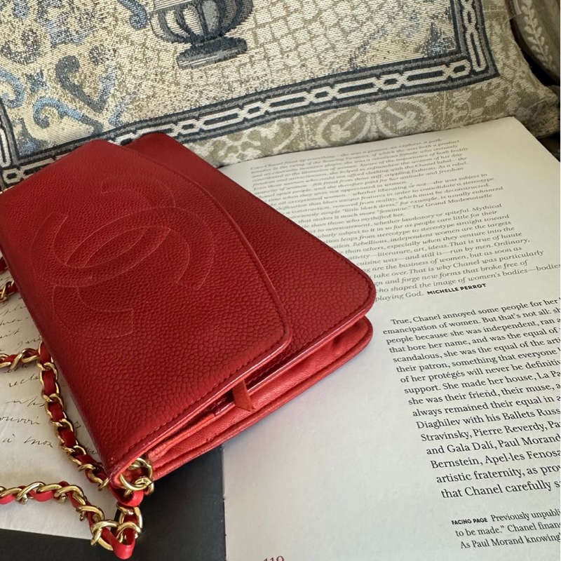 香奈兒 紅色 皮革 荔枝皮 魚子醬皮 牛皮 發財包 斜挎包 斜背包 鏈條包 信封包 銀包 錢包 woc wallet on chain chanel-19
