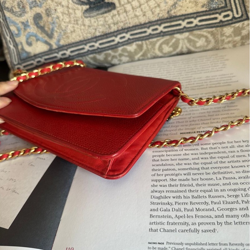 香奈兒 紅色 皮革 荔枝皮 魚子醬皮 牛皮 發財包 斜挎包 斜背包 鏈條包 信封包 銀包 錢包 woc wallet on chain chanel-20