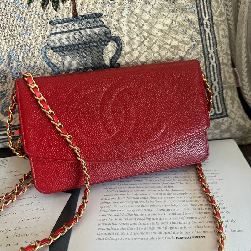 香奈兒 紅色 皮革 荔枝皮 魚子醬皮 牛皮 發財包 斜挎包 斜背包 鏈條包 信封包 銀包 錢包 woc wallet on chain chanel-21