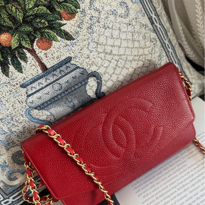 香奈兒 紅色 皮革 荔枝皮 魚子醬皮 牛皮 發財包 斜挎包 斜背包 鏈條包 信封包 銀包 錢包 woc wallet on chain chanel-22