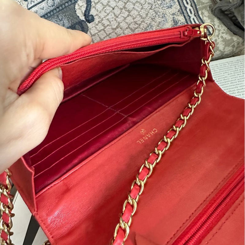 香奈兒 紅色 皮革 荔枝皮 魚子醬皮 牛皮 發財包 斜挎包 斜背包 鏈條包 信封包 銀包 錢包 woc wallet on chain chanel-23