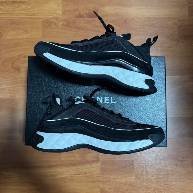 Chanel運動鞋香奈兒徽標 低幫雙C女士休閒鞋 黑色 38碼-2
