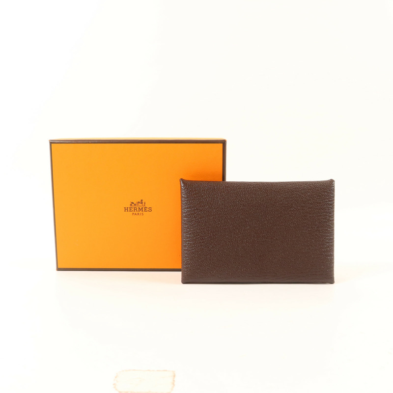 HERMES Chevre皮革Calvi Card Case銀扣卡片套Terre-9