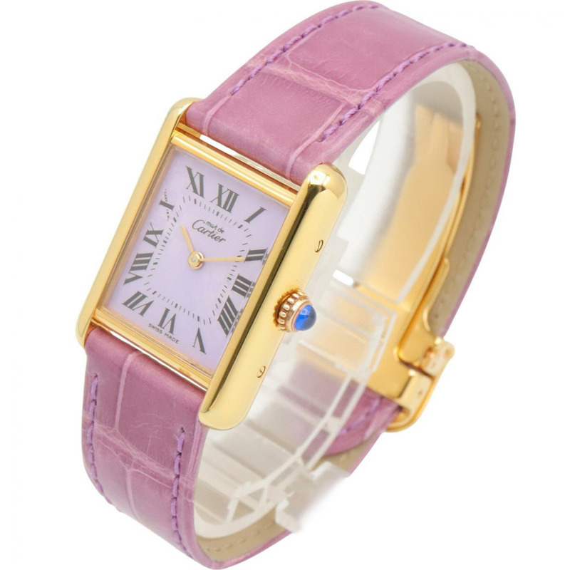 卡地亞 Must Tank Vermeil SM 女士腕錶，鍍金錶殼，皮革錶帶，紫色 (W1017554)-1