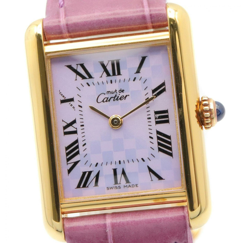 卡地亞 Must Tank Vermeil SM 女士腕錶，鍍金錶殼，皮革錶帶，紫色 (W1017554)-2