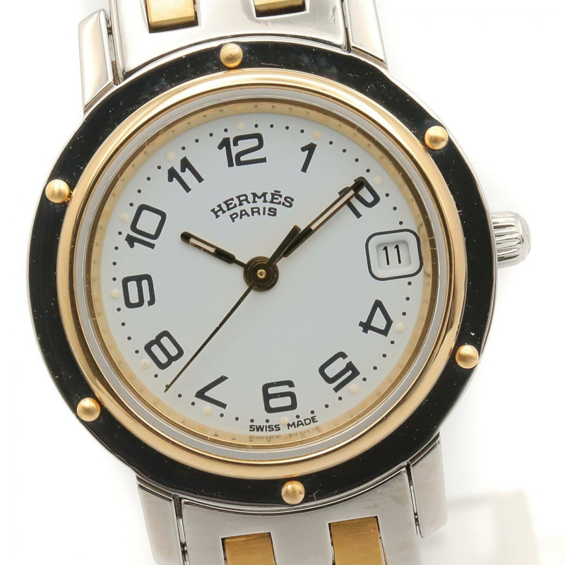 愛馬仕 Clipper 系列腕錶，鍍金不鏽鋼材質，女士款，白色，CL4.220-2