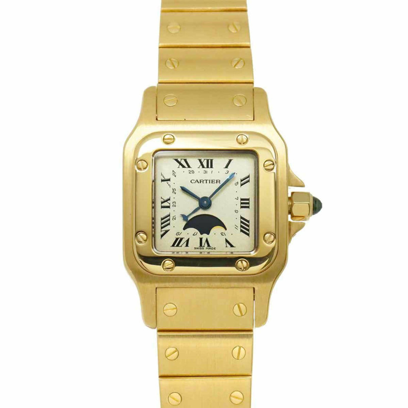 卡地亞 Santos Galbee SM 月相 W20006C5 女士腕錶，銀色，18K 黃金，實心石英錶-0