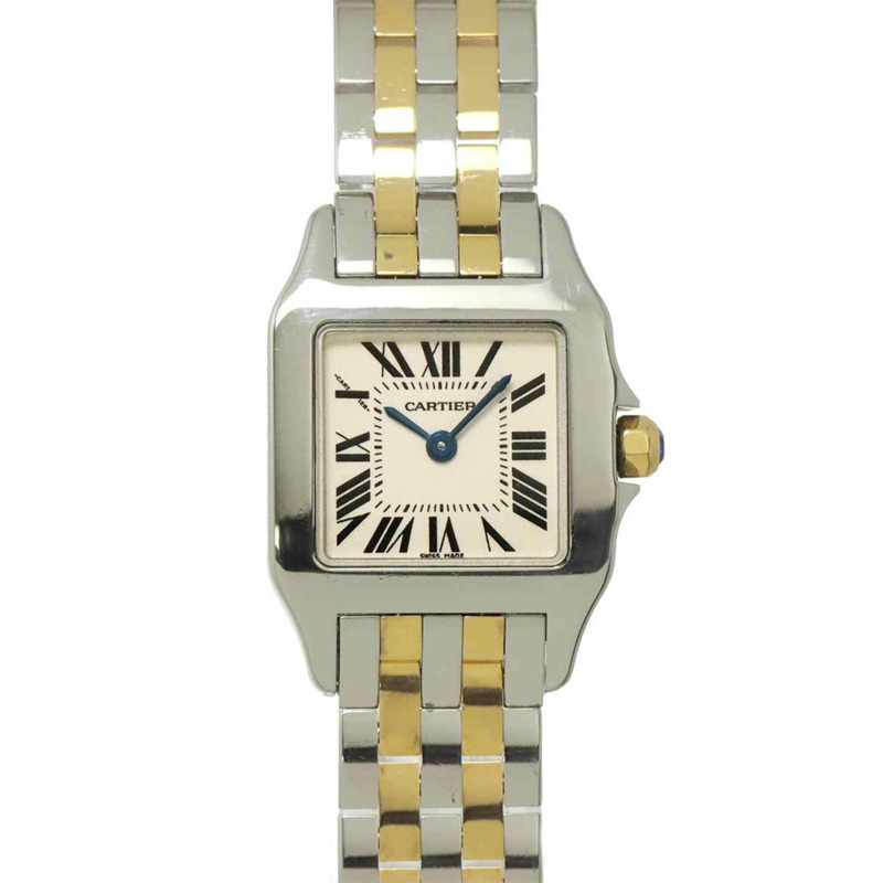 卡地亞 Santos Demoiselle SM 雙色 W25066Z6 女士腕錶 象牙白 YG 黃金石英錶-0