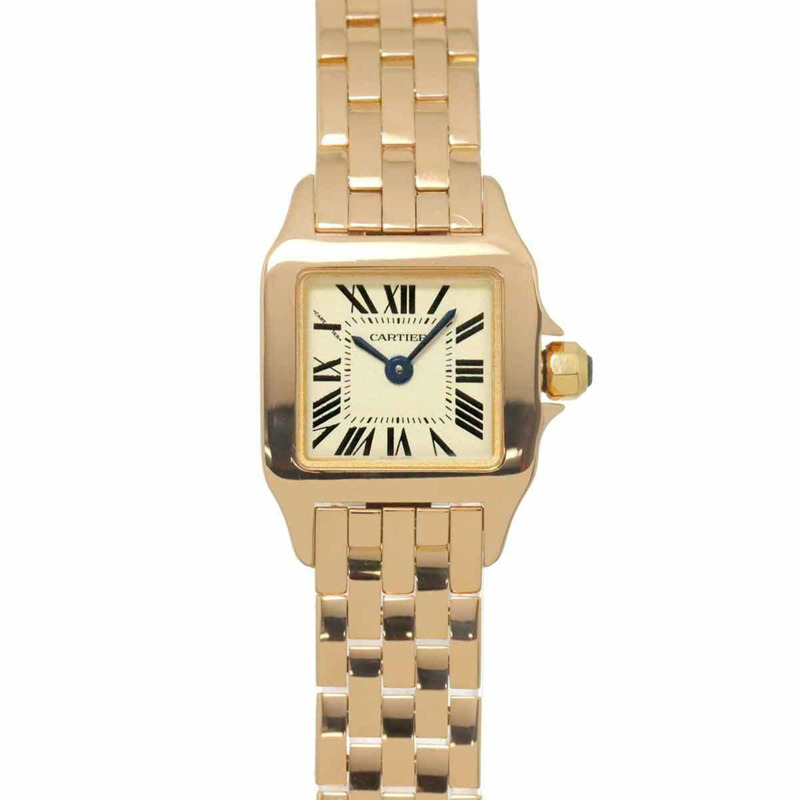 卡地亞迷你 Santos Demoiselle W25077X9 女士腕錶，象牙色，18K 玫瑰金，實心石英錶。-0