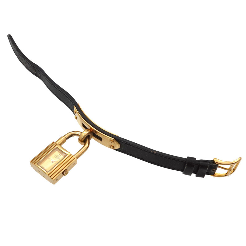 愛馬仕凱莉女士腕錶，金色和黑色石英錶，帶掛鎖-3