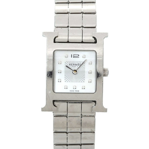 愛馬仕 H-Watch HH1 210 女士腕錶 12P 鑲鑽 白色錶殼 石英錶 H