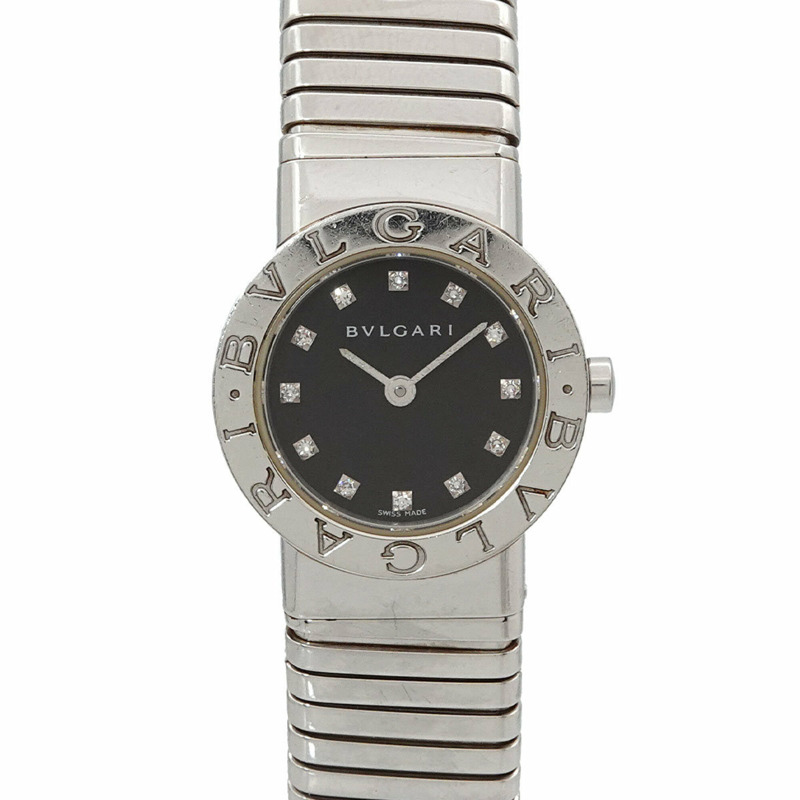 寶格麗 Tubogas BB232TS 女士腕錶 12 鑽日期顯示 黑色石英錶-0