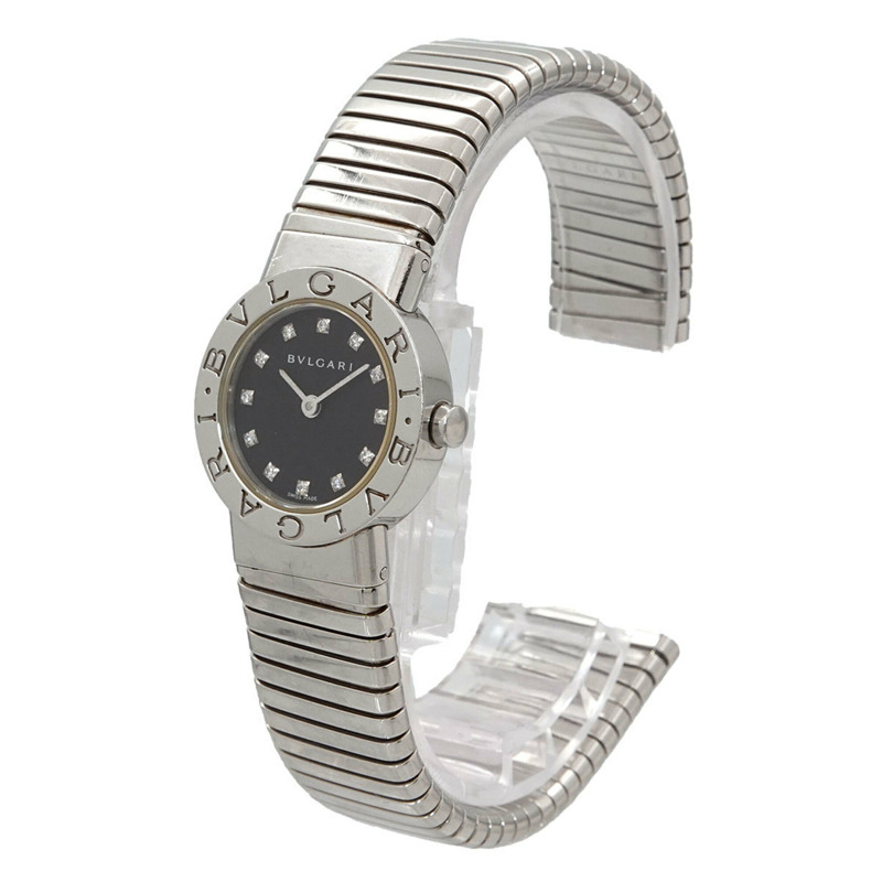 寶格麗 Tubogas BB232TS 女士腕錶 12 鑽日期顯示 黑色石英錶-1