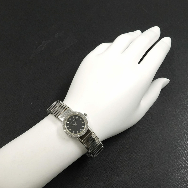 寶格麗 Tubogas BB232TS 女士腕錶 12 鑽日期顯示 黑色石英錶-2