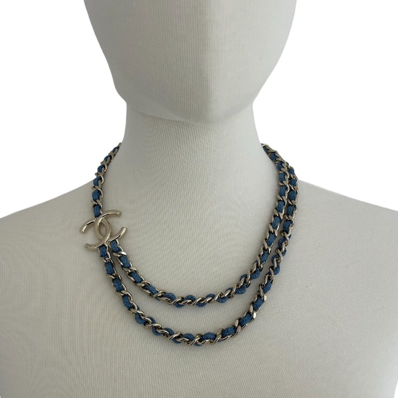 CHANEL 香奈兒 B25P 丹寧皮穿練造型項鍊 合金 金色-0