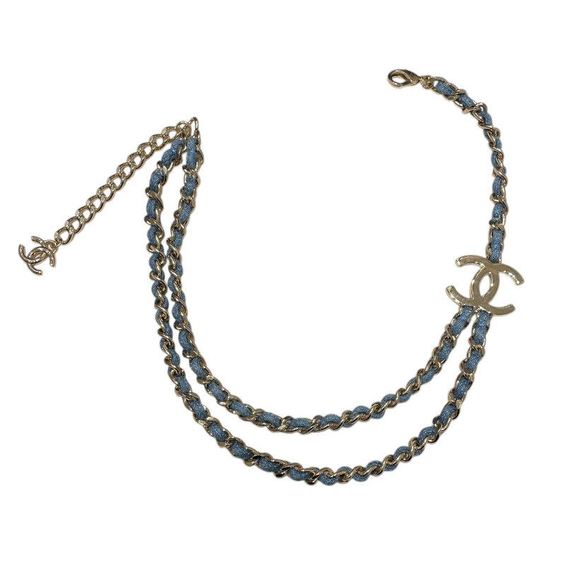 CHANEL 香奈兒 B25P 丹寧皮穿練造型項鍊 合金 金色-6
