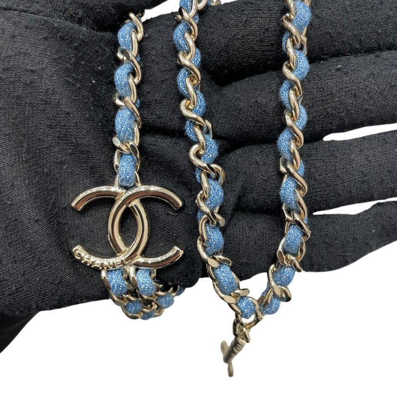 CHANEL 香奈兒 B25P 丹寧皮穿練造型項鍊 合金 金色-7