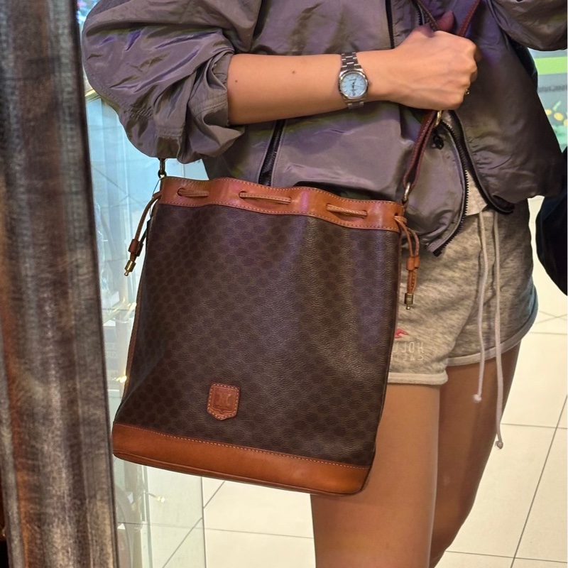 思琳 賽琳 棕色 老花凱旋門 皮革包 水桶包 水桶包 斜背包 側背包  中古包包 托特包 側肩包 老花水桶包 復古包 古董包 celine vintage drawstring bucket bag-1