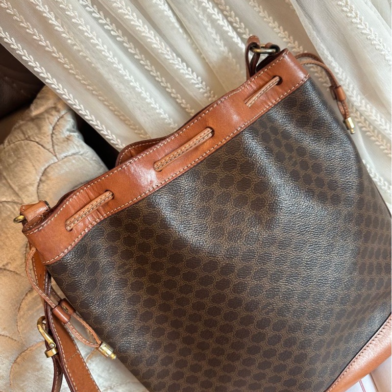 思琳 賽琳 棕色 老花凱旋門 皮革包 水桶包 水桶包 斜背包 側背包  中古包包 托特包 側肩包 老花水桶包 復古包 古董包 celine vintage drawstring bucket bag-12