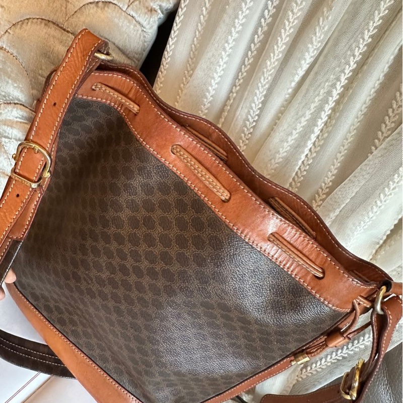 思琳 賽琳 棕色 老花凱旋門 皮革包 水桶包 水桶包 斜背包 側背包  中古包包 托特包 側肩包 老花水桶包 復古包 古董包 celine vintage drawstring bucket bag-19