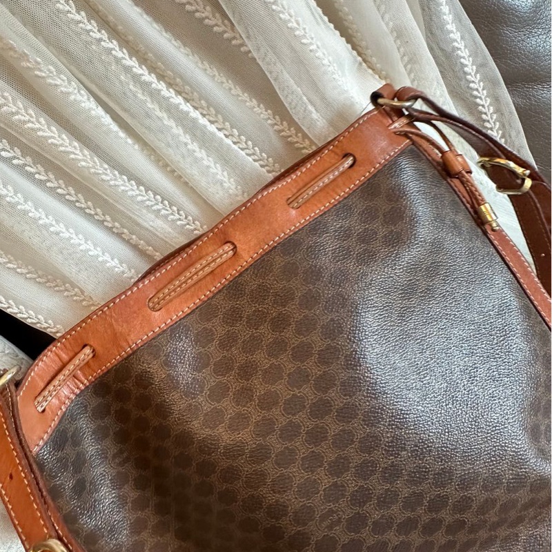 思琳 賽琳 棕色 老花凱旋門 皮革包 水桶包 水桶包 斜背包 側背包  中古包包 托特包 側肩包 老花水桶包 復古包 古董包 celine vintage drawstring bucket bag-20