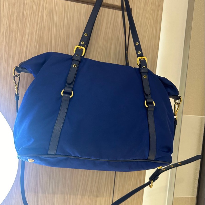 普拉達 經典尼龍皮革兩用的托特包 深藍色 PRADA金字浮雕LOGO尼龍肩背/斜背兩用購物包-8