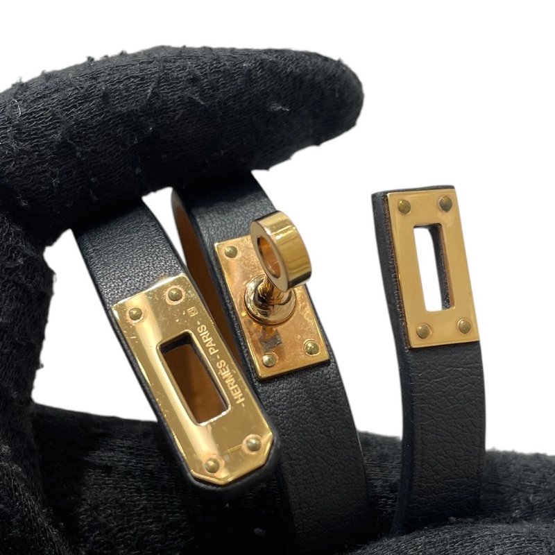 HERMES 愛馬仕 MINI KELLY 雙圈手環 皮革 黑色 玫瑰金釦 SIZE:T2-5