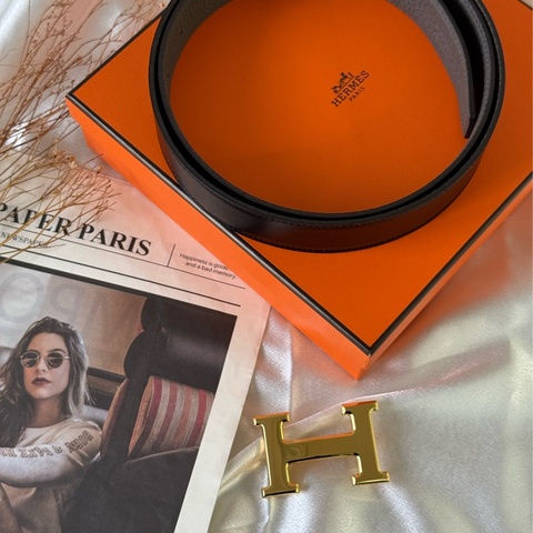 拼色Togo及Box皮+亮金釦H Logo皮帶 100cm(黑色/錫器灰)