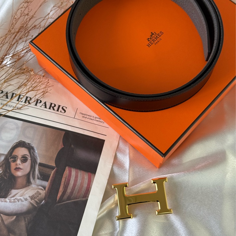 拼色Togo及Box皮+亮金釦H Logo皮帶 100cm(黑色/錫器灰)-0