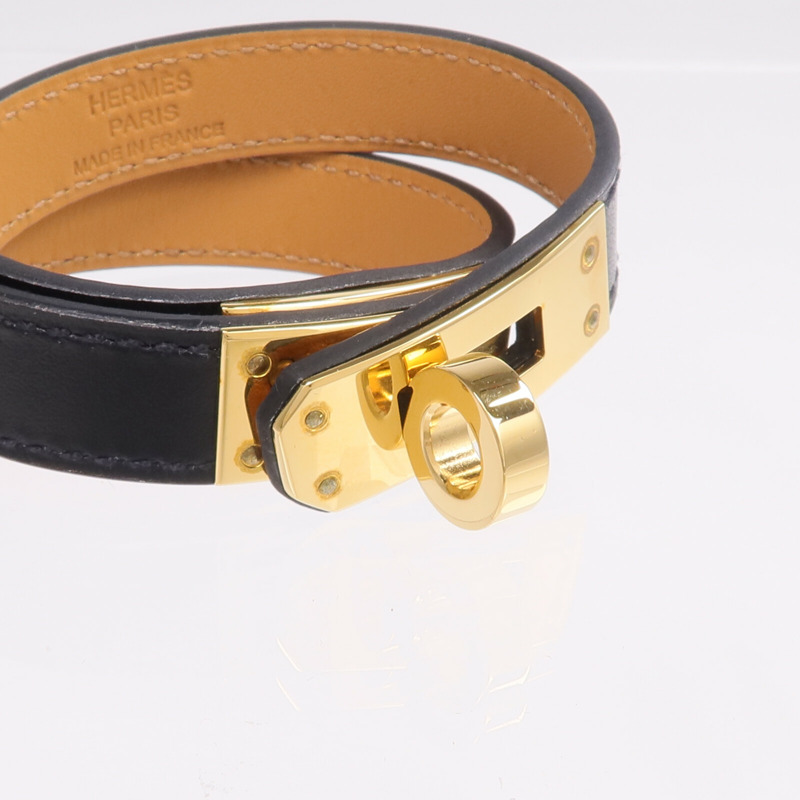 HERMES Box Calf皮革Kelly Double Tour金扣手鏈Noir-4