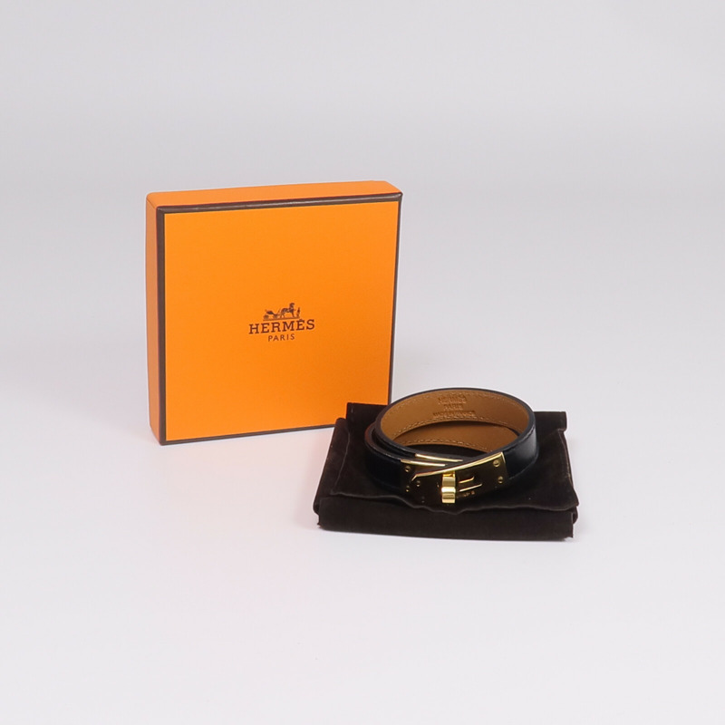 HERMES Box Calf皮革Kelly Double Tour金扣手鏈Noir-10