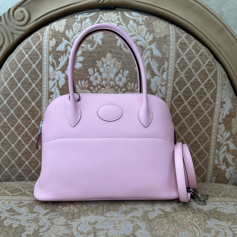 Hermes 3Q Rose Sakura櫻花粉Swift皮銀釦Bolide 27 手提斜背包-0