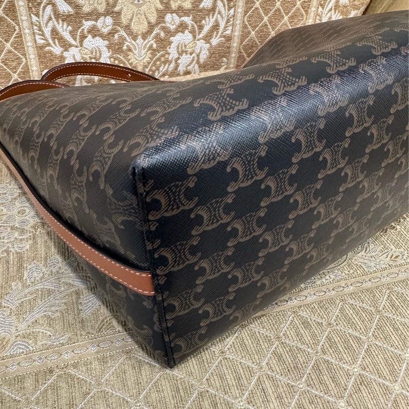 Celine PVC咖牛皮金釦肩斜背購物包123912GXC.04LU-7