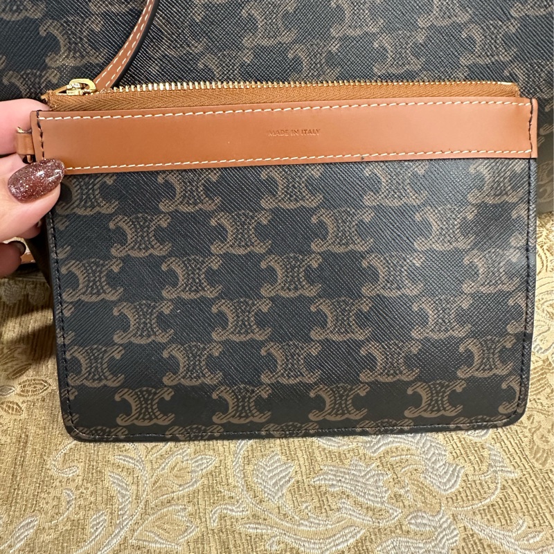 Celine PVC咖牛皮金釦肩斜背購物包123912GXC.04LU-8
