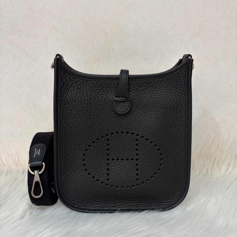 HERMES TC MINI EVELYNE 黑色荔枝皮 銀釦 洞洞包 肩背包 斜背包 2用包-0