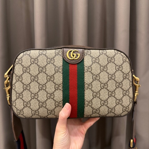 Gucci PVC咖牛皮斜背相機包