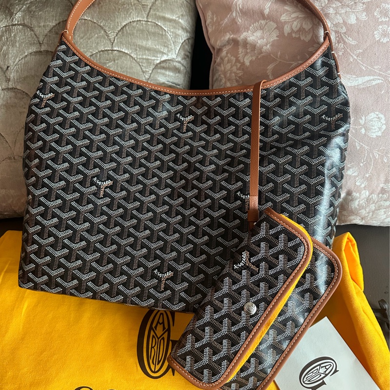 戈雅 腋下包 狗牙包 經典色 黑色棕色 閑置品 有法國巴黎購買單據副本 腋下包 托特包 手提包 側背包 goyard hobo bag black and brown-25