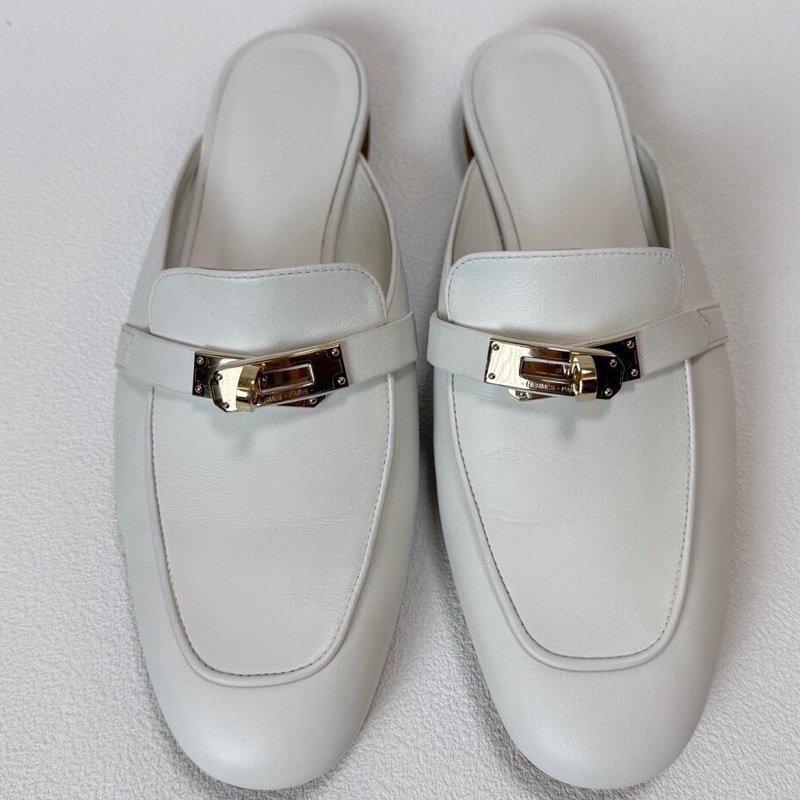 Hermes愛馬仕 OZ穆勒鞋 白色皮一個搭配銀色kelly扣  永不過時 純白非常顯氣質  38.5碼-0