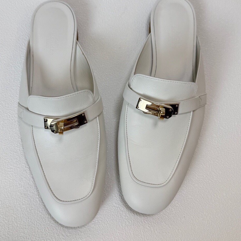 Hermes愛馬仕 OZ穆勒鞋 白色皮一個搭配銀色kelly扣  永不過時 純白非常顯氣質  38.5碼-2