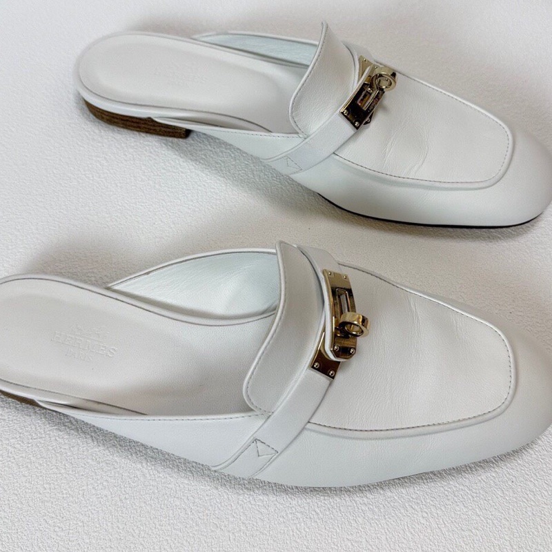 Hermes愛馬仕 OZ穆勒鞋 白色皮一個搭配銀色kelly扣  永不過時 純白非常顯氣質  38.5碼-3