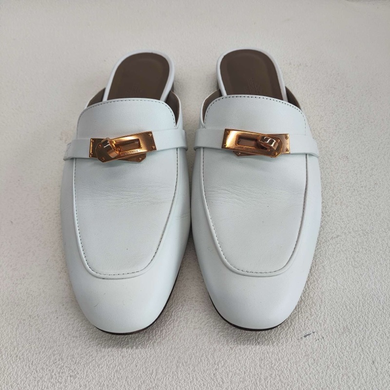 Hermes愛馬仕 kelly穆勒拖鞋 玫瑰金扣白色  38碼 無附件-0