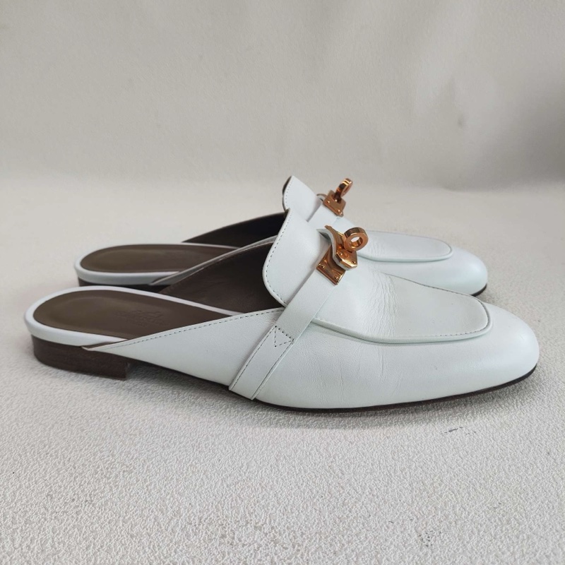 Hermes愛馬仕 kelly穆勒拖鞋 玫瑰金扣白色  38碼 無附件-1