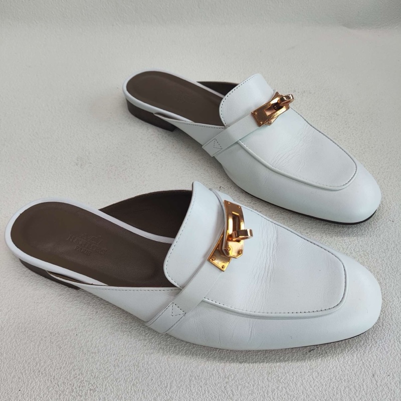 Hermes愛馬仕 kelly穆勒拖鞋 玫瑰金扣白色  38碼 無附件-2