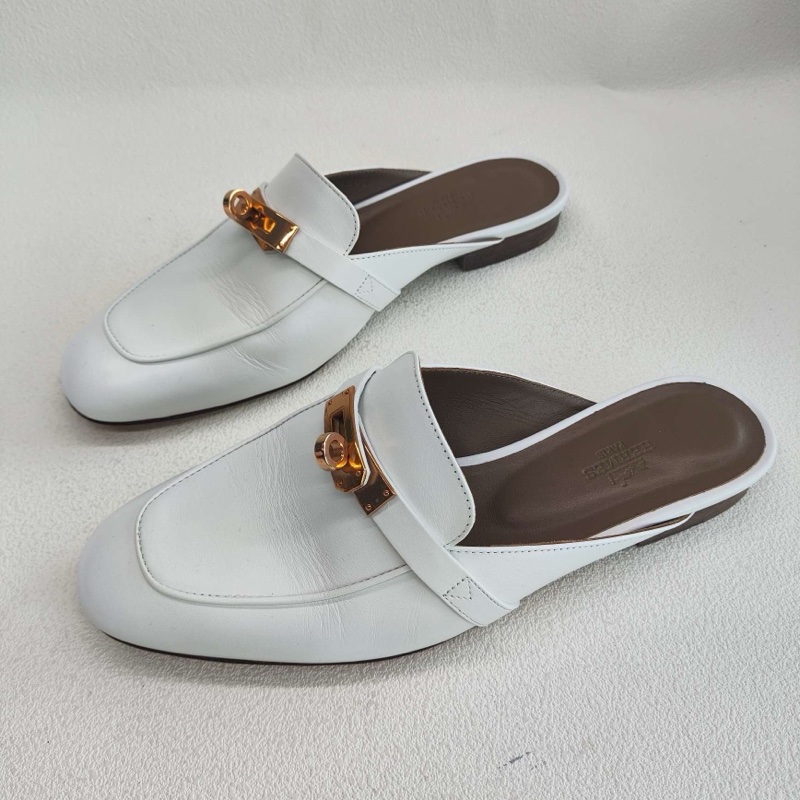 Hermes愛馬仕 kelly穆勒拖鞋 玫瑰金扣白色  38碼 無附件-3