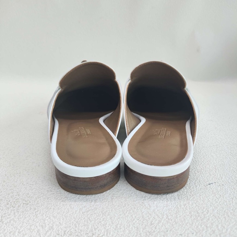 Hermes愛馬仕 kelly穆勒拖鞋 玫瑰金扣白色  38碼 無附件-4