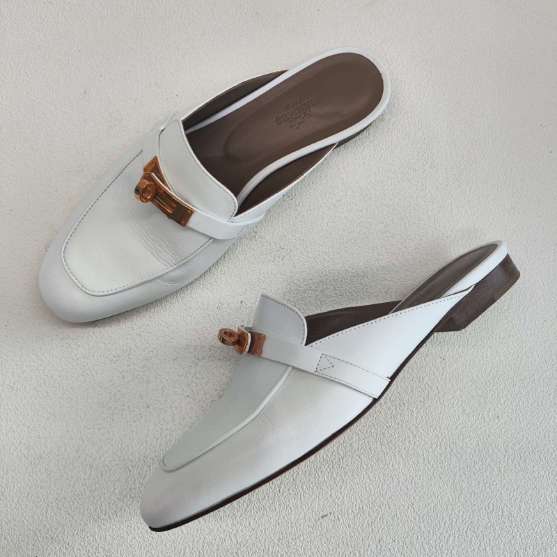 Hermes愛馬仕 kelly穆勒拖鞋 玫瑰金扣白色  38碼 無附件-5