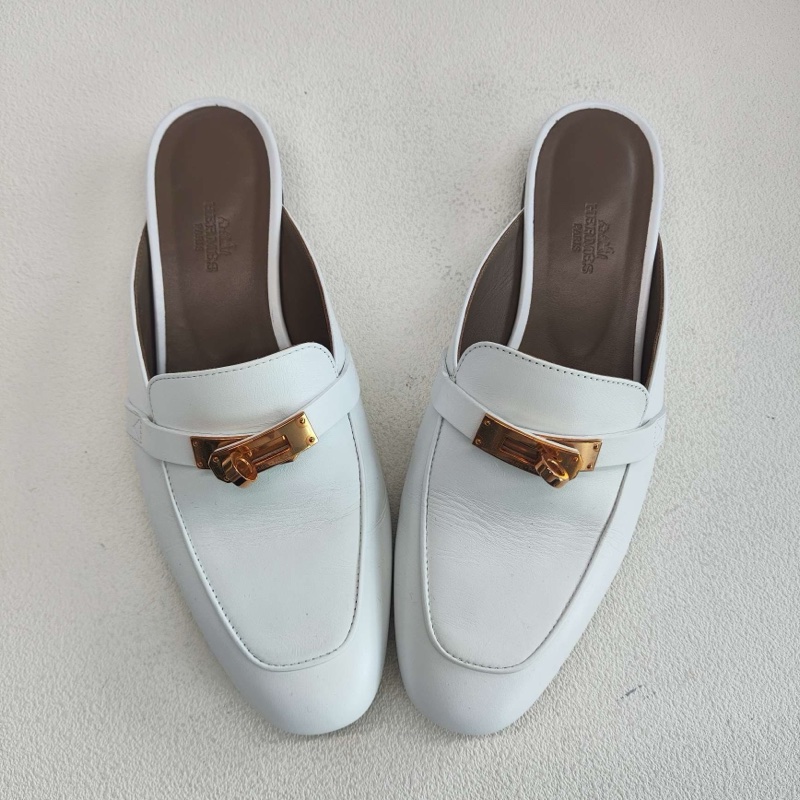 Hermes愛馬仕 kelly穆勒拖鞋 玫瑰金扣白色  38碼 無附件-6