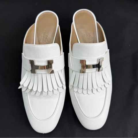 HERMES愛馬仕 Tuileries 小牛皮 時尚穆勒 粗跟 高跟鞋 5.5cm 女款 白色 康康H銀扣  36碼